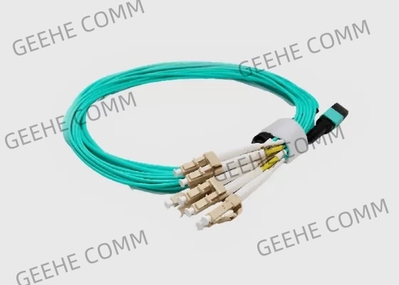 8 Fiber OM3 Aqua Female to Male MPO to 4x LC Duplex Fiber Breakout Cable
