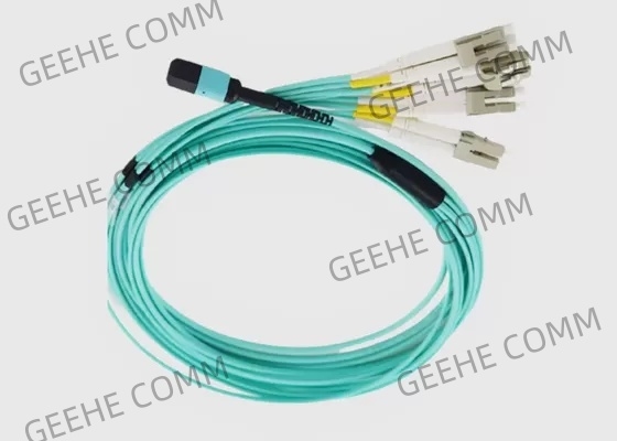 8 Fiber OM3 Aqua Female to Male MPO to 4x LC Duplex Fiber Breakout Cable