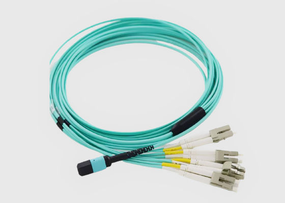 8 Fiber OM3 Aqua Female to Male MPO to 4x LC Duplex Fiber Breakout Cable