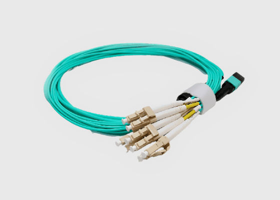 8 Fiber OM3 Aqua Female to Male MPO to 4x LC Duplex Fiber Breakout Cable