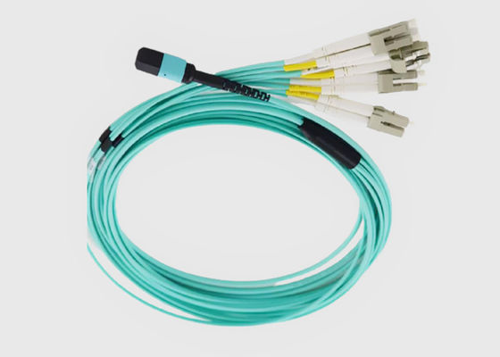 8 Fiber OM3 Aqua Female to Male MPO to 4x LC Duplex Fiber Breakout Cable